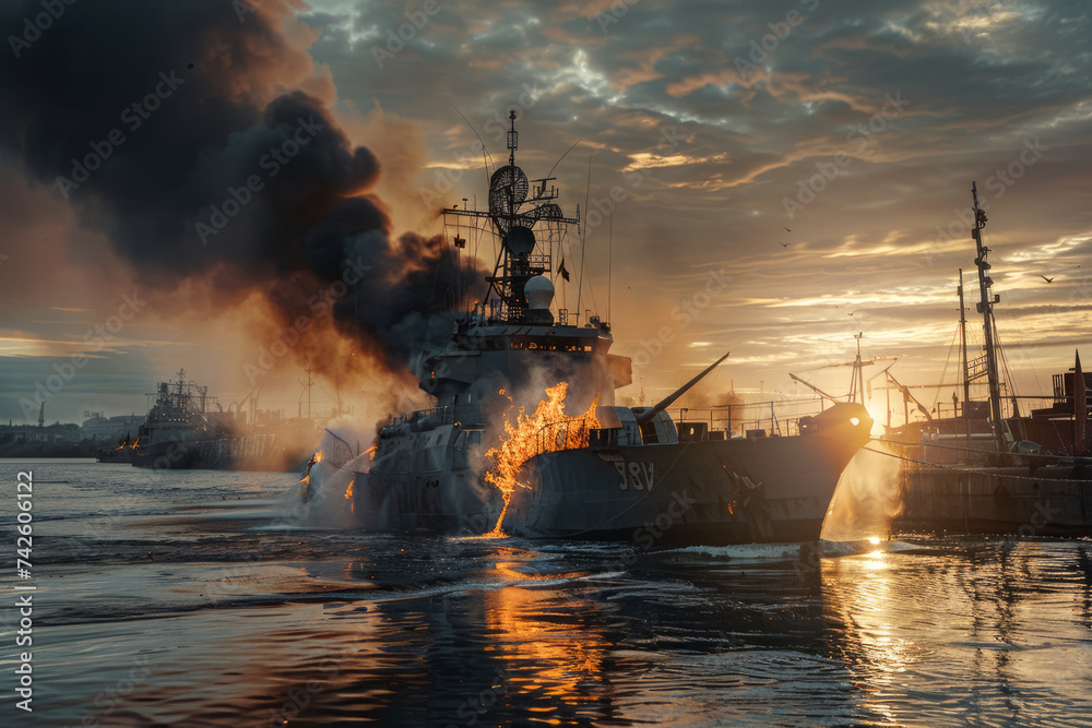 A burning military ship in a port or a military ship hit by a missile. Theme of war or conflict between Russia and Ukraine

