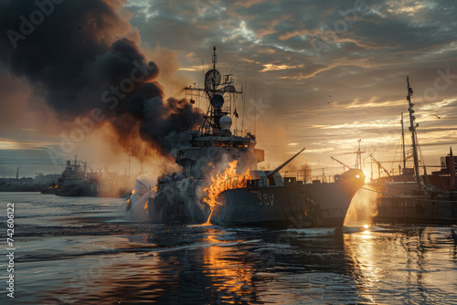 A burning military ship in a port or a military ship hit by a missile. Theme of war or conflict between Russia and Ukraine 