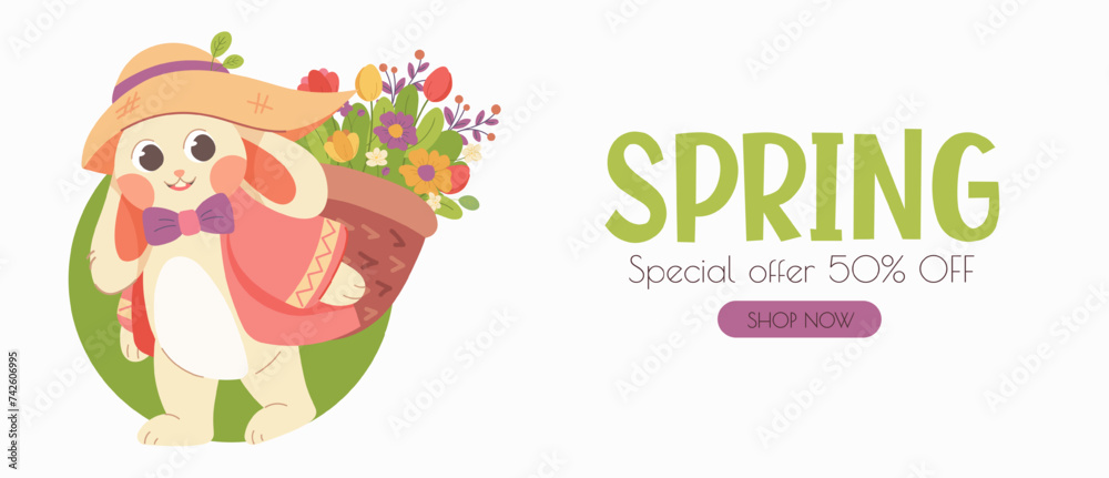 Obraz premium Advertising banner about spring discounts and sales. Special offer of 50%. Vector illustration with cute rabbit carrying flower basket in flat style