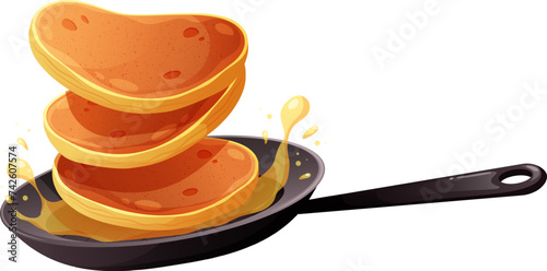 Frying pan with flying pancakes and oil on transparent background. Vector illustration for Pancake Day and breakfast