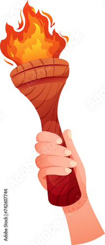 Hand holds old wooden torch with fire. Symbol of sports games, competitions, victory, winner. Vector illustration