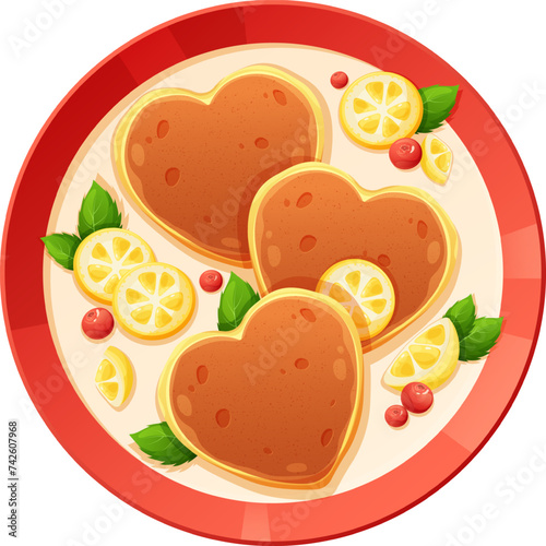 Heart pancakes for Pancake Day with lemon slices, berries and mint leaves, top view. Vector illustration of delicious food
