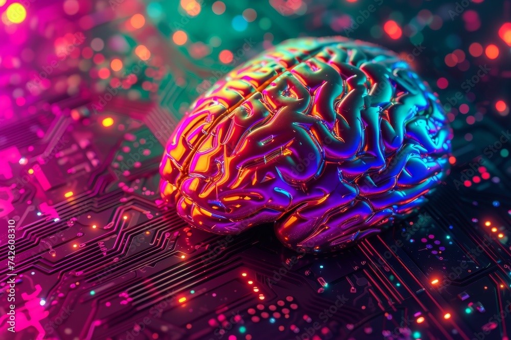 Fototapeta premium AI Brain Chip quantum. Artificial Intelligence processing human internode mind circuit board. Neuronal network generative adversarial network computer processor data standardization