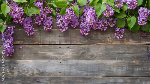 Beautiful fresh lilac border on a wooden background