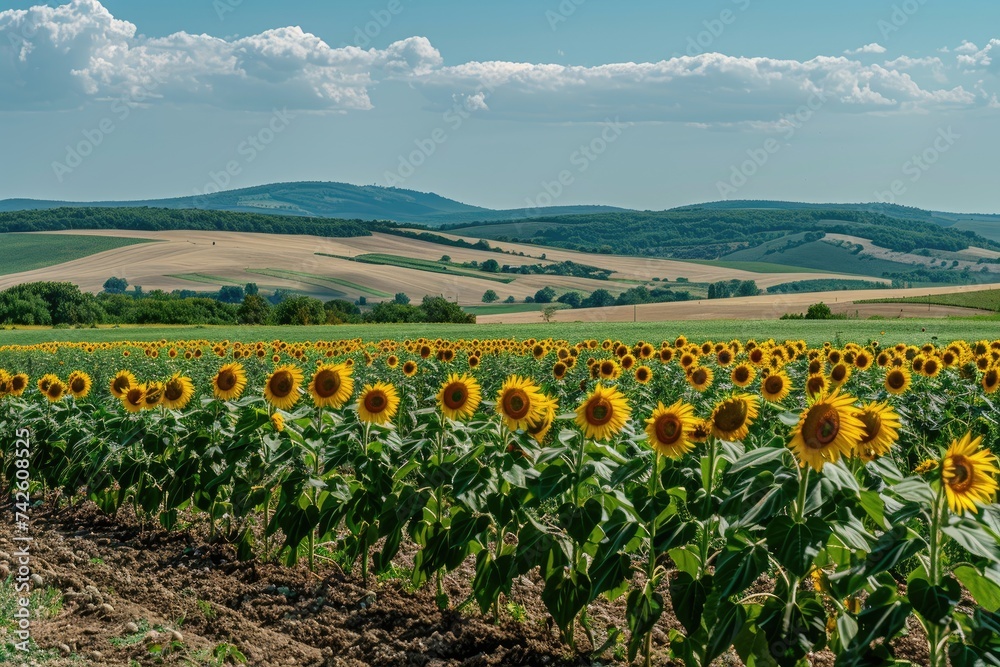A field of sunflowers with blue sky