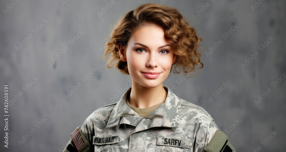 Mujer militar con expresión amable y uniforme de camuflaje - obrazy, fototapety, plakaty 