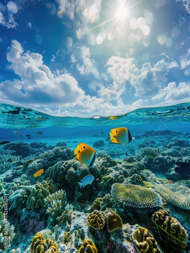 Fish on a coral reef in a tropical lagoon. French Polynesia