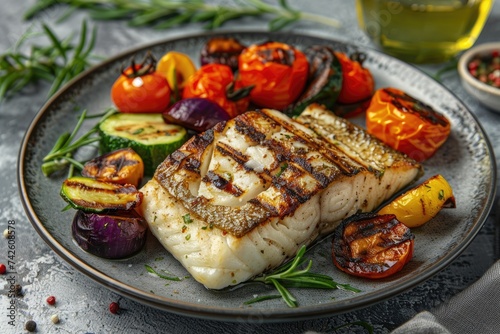 Grilled fish fillet with vegetables on a plate.
