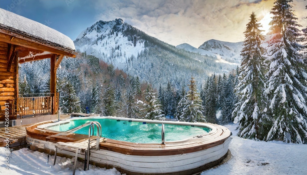 lake in the mountains,ski resort in the mountains. a hot tub with spa near a winter forest with a snow covered mountain in background