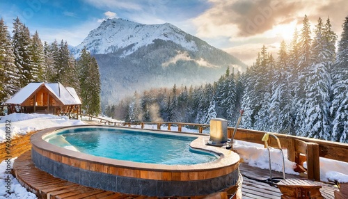 landscape in the mountains,ski resort in the mountains. a hot tub with spa near a winter forest with a snow covered mountain in background