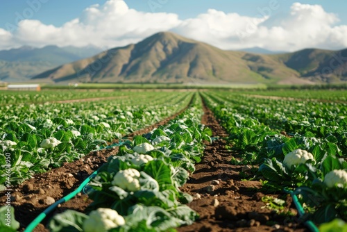Precision irrigation systems for efficient water use in agriculture. Cauliflower in the field with drip irrigation photo