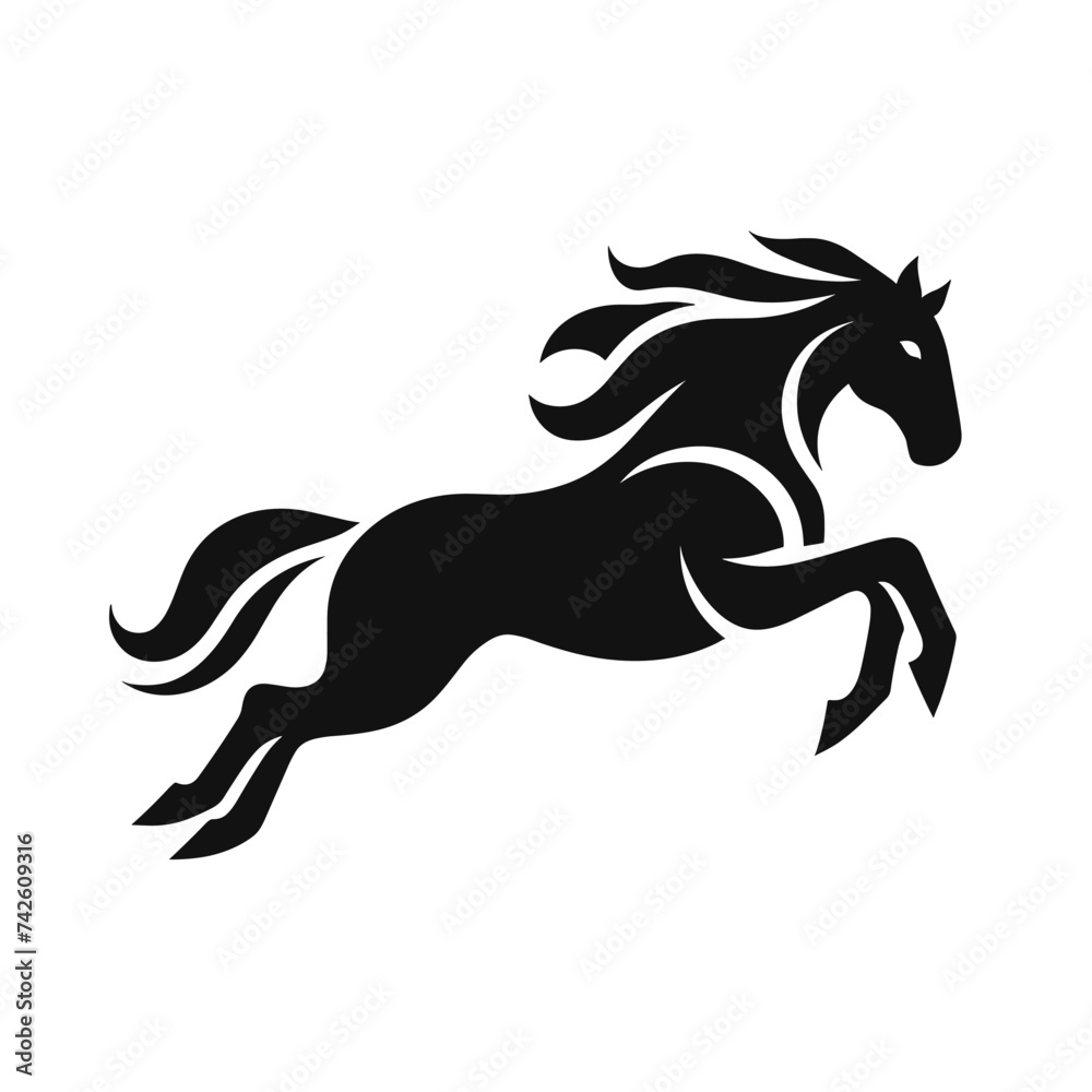 jumping horse isolated on white, running black horse illustration vector logo