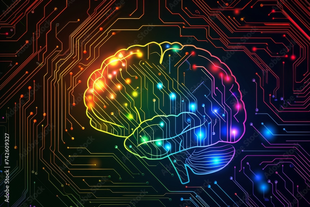 AI Brain Chip connectome. Artificial Intelligence injury mind neon ...