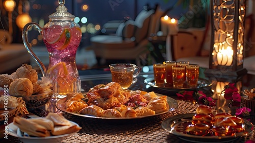Ramadan kareem Iftar meal with dates, baklava, traditional Arabic sweets, fruit, Arab tea and rose sherbet beverage - Eid Ul Fitr - generative ai © Nia™