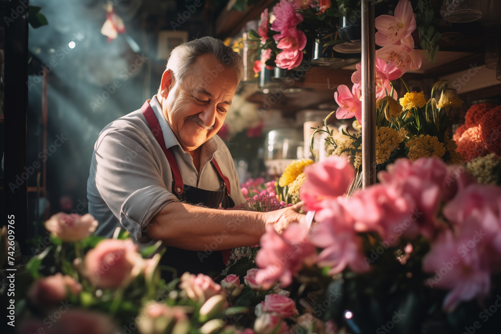 a man of about 65 years old in his flower shop after years of work about to retire