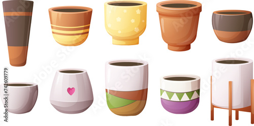 Set of modern flower pots and planters in white, brown and black colors. Vector illustration
