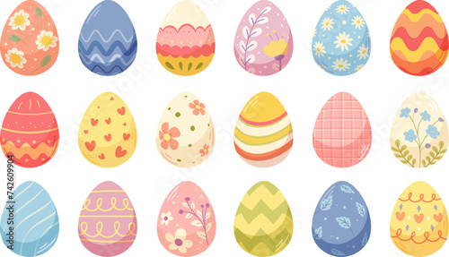 Set of simple flat Easter eggs with different patterns. Vector elements for holiday