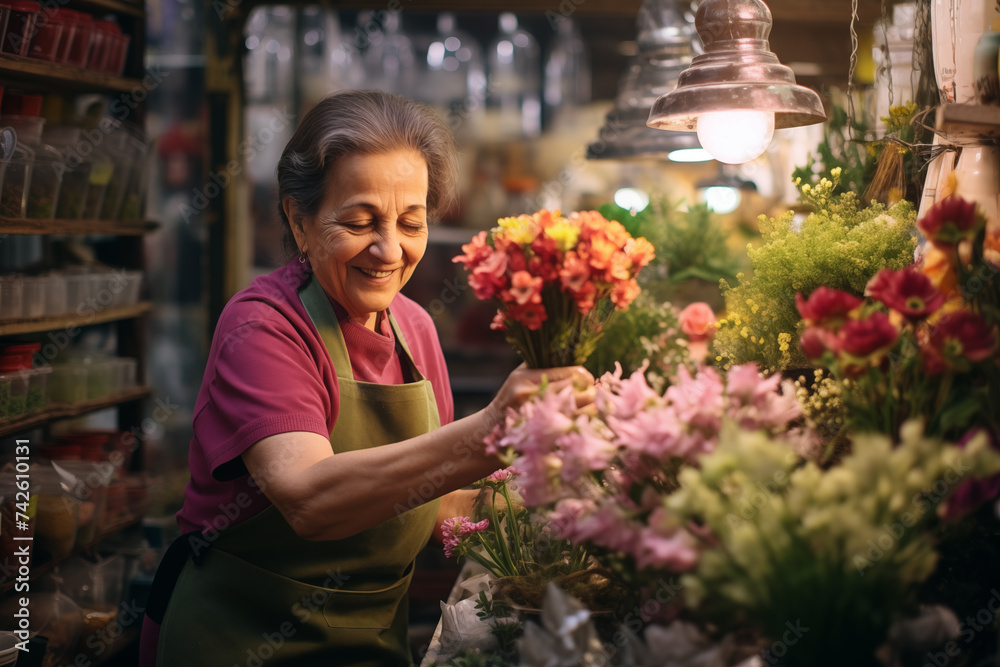 An elderly woman about 65 years old in her shop selling flowers