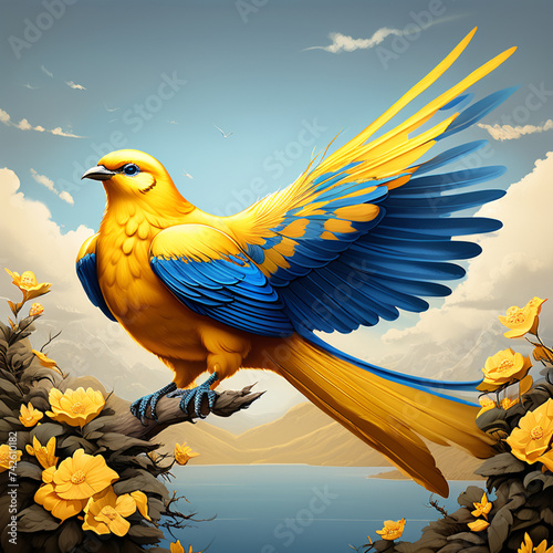 A big, golden, awesome blue bird 