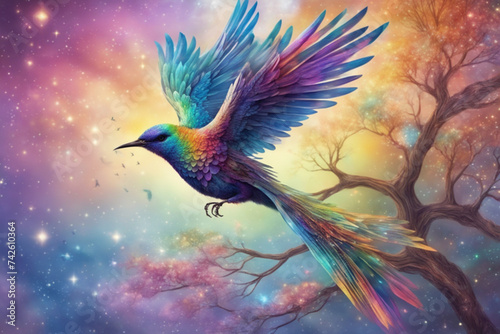 A beautiful bird with a long tail and colorful feathers is flying in the sky