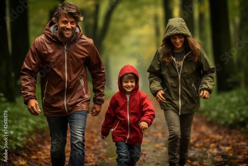 Happy family walking on skateboard in street city