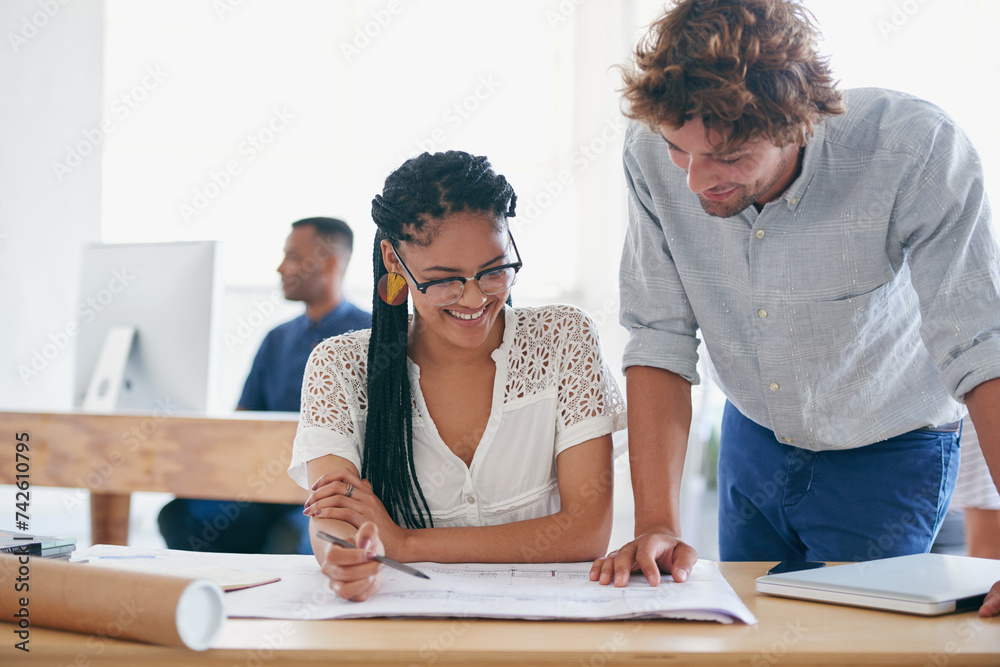 Happy people, design and blueprint with team for planning construction, building or project at office. Man and woman smile, documents or paperwork for brainstorming floor plan or layout at workplace Happy people, design and blueprint with team for planning construction, building or project at office. Man and woman smile, documents or paperwork for brainstorming floor plan or layout at workplace