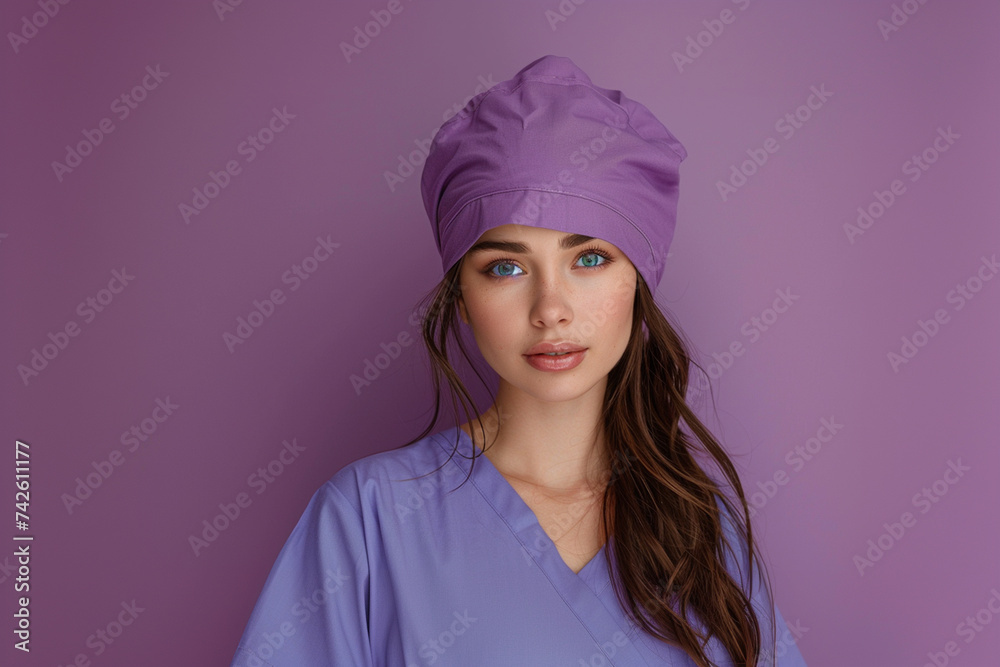 Adorned in medical scrubs, a captivating woman stands against a purple backdrop, providing a placeholder banner with copy space suitable for businesses in both the medical and beauty sectors Adorned in medical scrubs, a captivating woman stands against a purple backdrop, providing a placeholder banner with copy space suitable for businesses in both the medical and beauty sectors