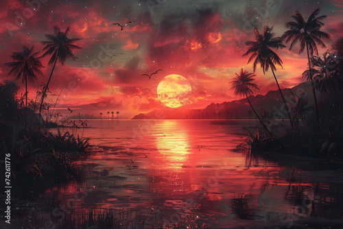 A painting depicting a vibrant sunset casting colorful hues over a tranquil body of water, with palm trees silhouetted against the sky