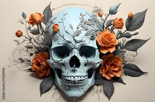 Celebration of Life: Decorated Skull Amidst Vibrant Blossoms, generative AI