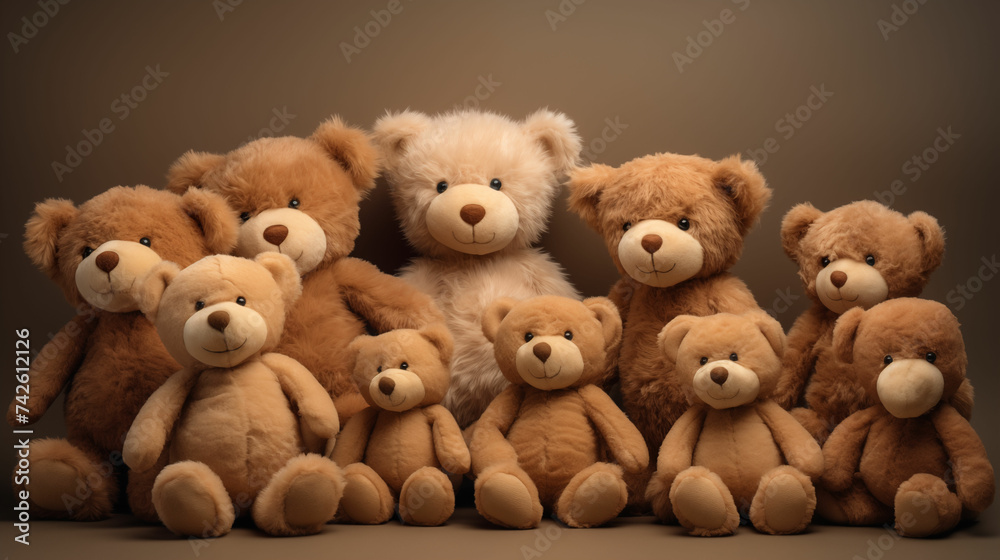 Group of brown teddy bears sitting together. Generative AI Group of brown teddy bears sitting together. Generative AI
