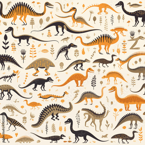 Playful pattern of dinosaurs and plants on white background. Generative AI
