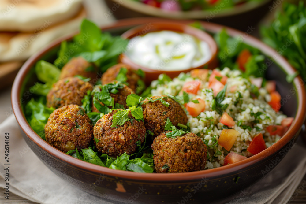 Plate of Falafel- salad- yogurt sauce with mint. Plate of Falafel- salad- yogurt sauce with mint.