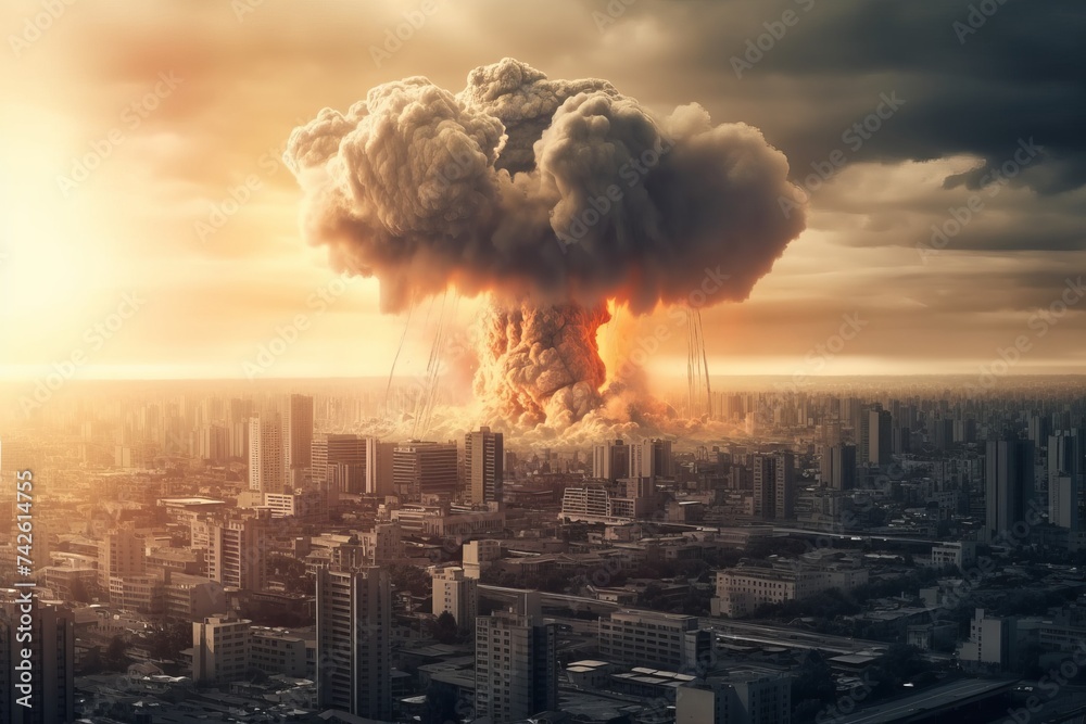Nuclear bomb explosion in modern big city megapolis with skyscrapers ...