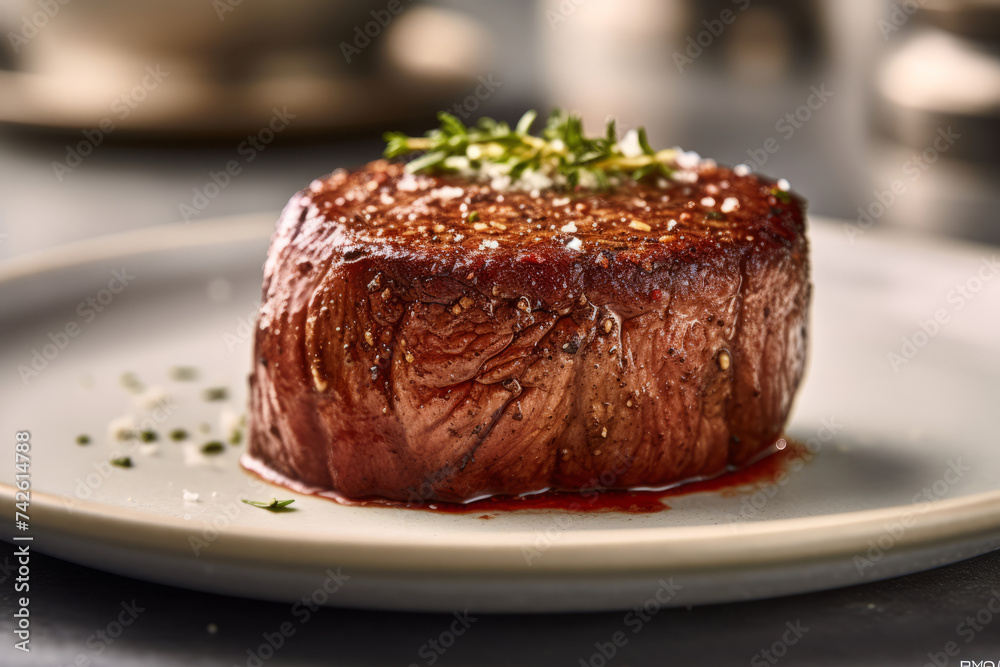 Beautiful well-done steak with a sprig of thyme on a white plate with elements of coarse salt and pepper, close-up front view
Beautiful well-done steak with a sprig of thyme on a white plate with elements of coarse salt and pepper, close-up front view