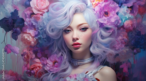 Collection of pictures of Harajuku girls, Instagram, flowers, purple and white style. Background wallpaper painted on canvas with oil paints. Aurora punk extravagant, exquisite, ancient smile © suteeda