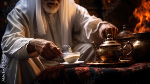 An Arab man in a white khandura pours Arabic coffee into a glass.