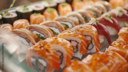 A selection of sushi rolls with salmon, tuna, cucumber and soy sauce dip. Fresh Food Buffet Brunch Catering Dining Eating Party Sharing Concept