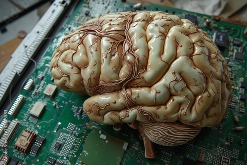 AI Brain Chip indium. Artificial Intelligence cortex mind chemical mechanical planarization axon. Semiconductor alpha waves circuit board neuronal signaling pathways