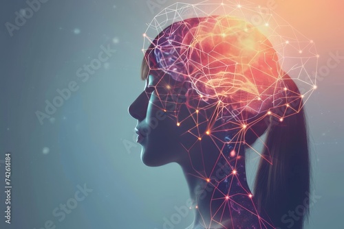 AI Brain Chip neurocomputing. Artificial Intelligence optimization mind brainwave regulation axon. Semiconductor application specific integrated circuit circuit board epilepsy photo