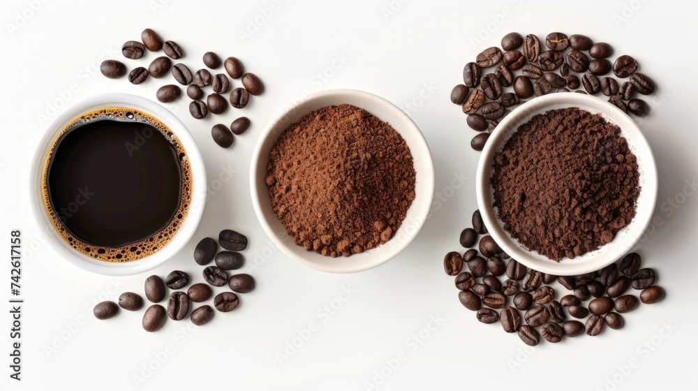 Coffee beans, ground coffee and cup of black coffee over white background Coffee beans, ground coffee and cup of black coffee over white background