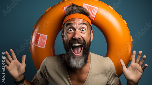 A jubilant man with a lifebuoy around his neck, expressing overwhelming joy and excitement