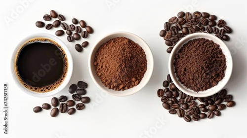 Coffee beans, ground coffee and cup of black coffee over white background