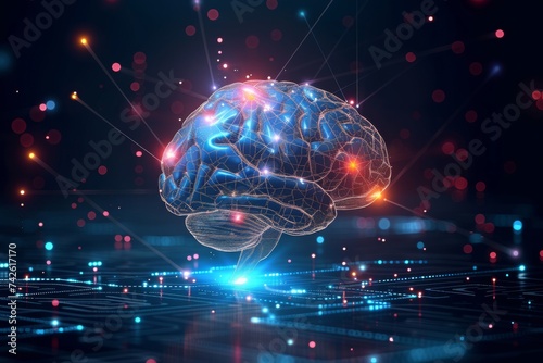 AI Brain Chip configuration. Artificial Intelligence quantum human data governance mind circuit board. Neuronal network imagination smart computer processor nanomaterials synthesis photo