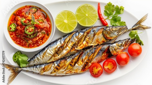 Fish mackerel paste chili spicy with fresh and boiled vegetable ,grill Thai mackerel.Thai cuisine,Thaispicy healthy food or diet food top view isolated on white background