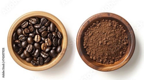 Flat lay of Roasted Coffee beans and ground coffee in wooden bowl isolated on white background.