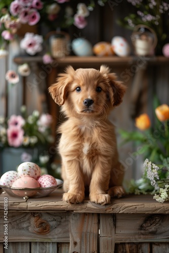 Easter Delight: Cute Puppy Among Colorful Eggs, Lifelike Brown Bunny Rabbits in Wooden Room with Barn Doo