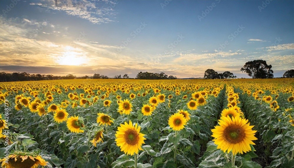 stunning field of yellow sunflowers in a country rural setting in southern downs queensland australia