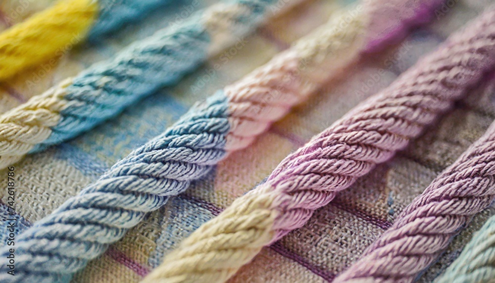 cotton fabrics braided pattern close up in soft summer pastels pink violet light blue and yellow