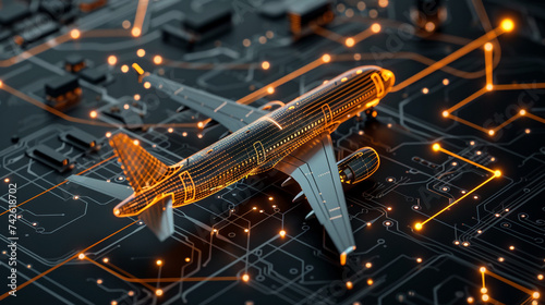 Futuristic Computer Chips connected with glowing dada highway network connections laying on a glossy black plane with circuit board  photo