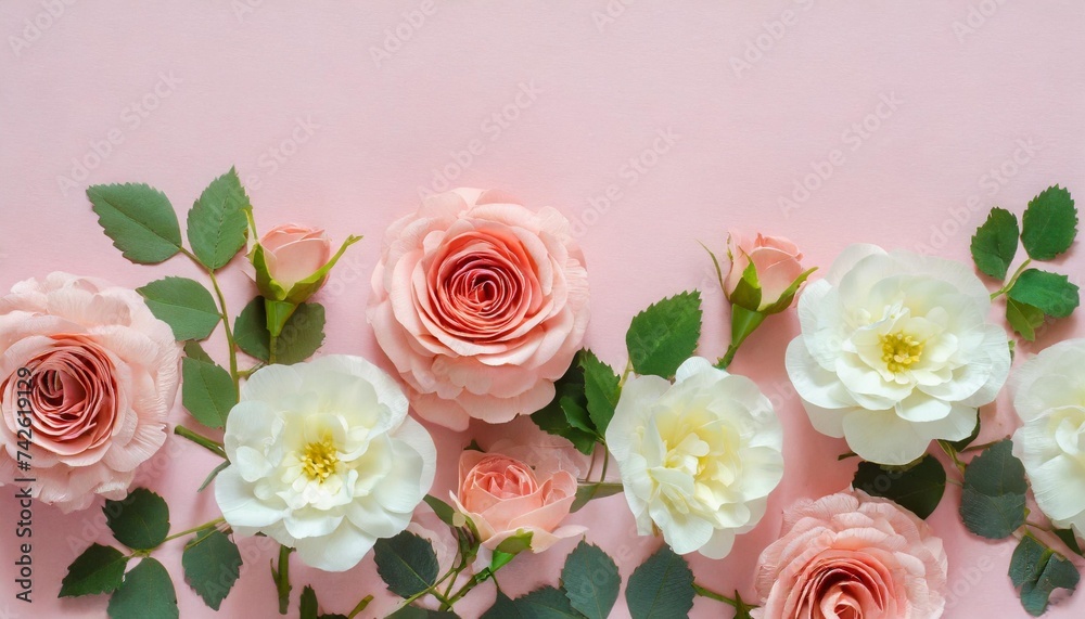 paper flowers on pastel pink background flat lay top view roses flowers